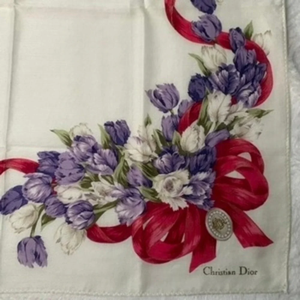 Vtg CHRISTIAN DIOR Scarf Handkerchief Floral Tulip White Purple Red Gold 19